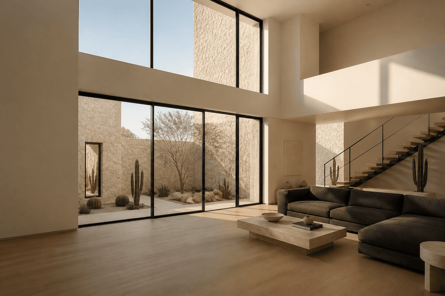 Sunlit modern interior with glass and pale stone