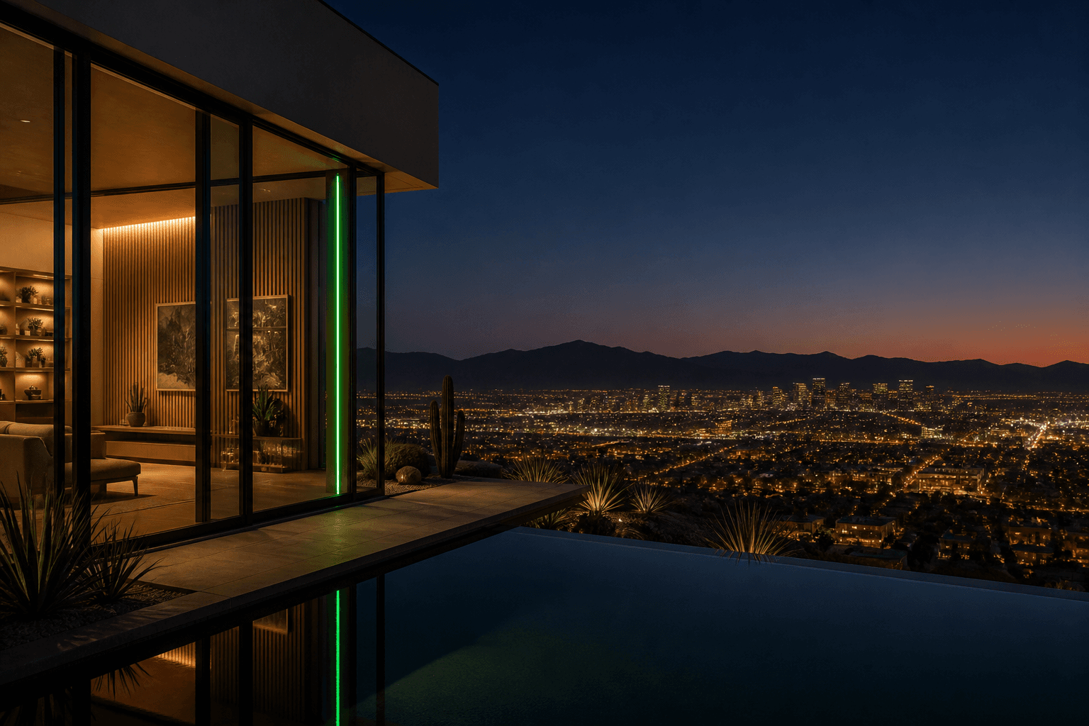 Night view of a modern glass house overlooking a desert city valley